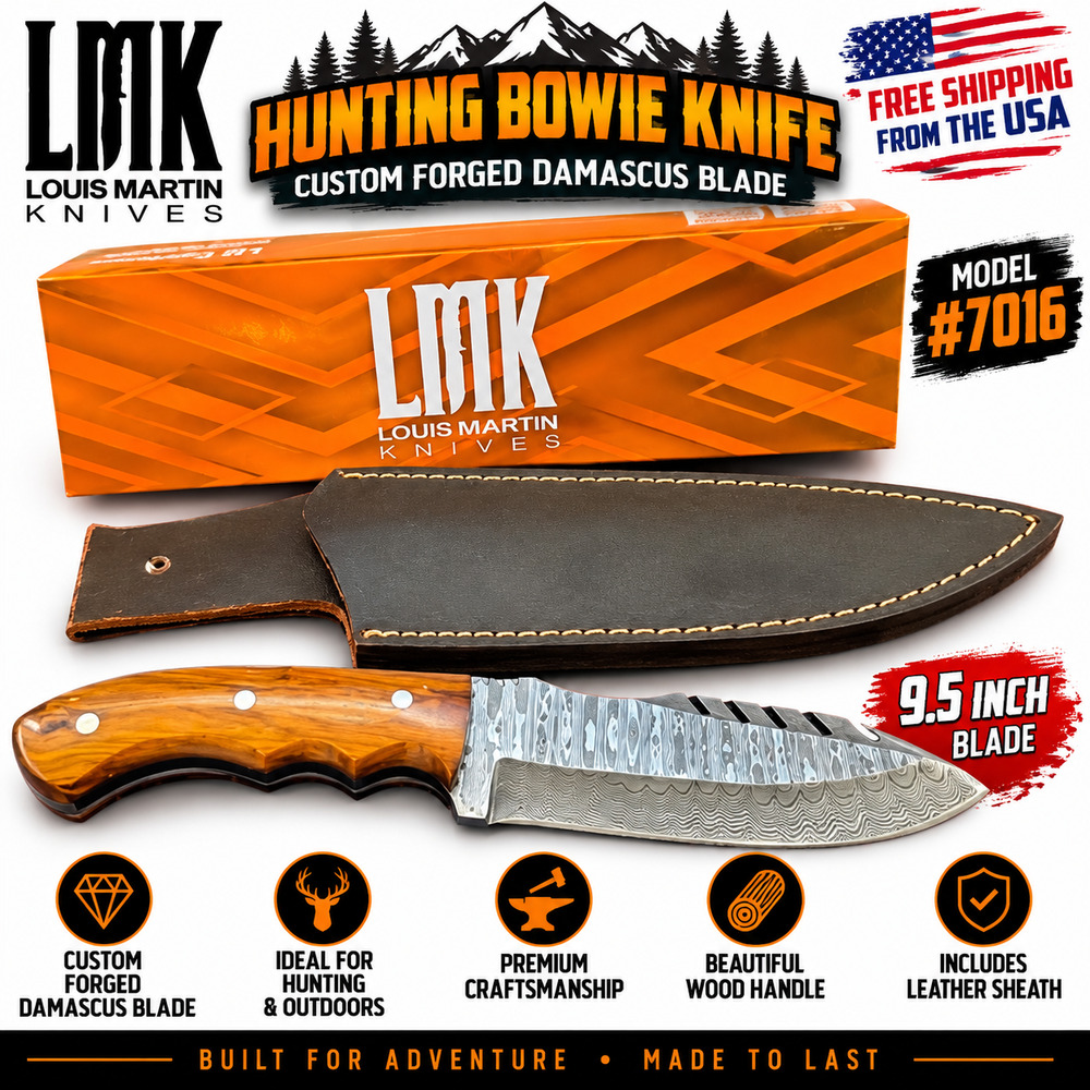 Hunting Bowie Knife 9.5" Custom Forged Damascus Blade Wood Handle LMK #7016